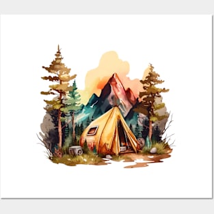 Summer Camping Mountain Watercolor Scene Posters and Art